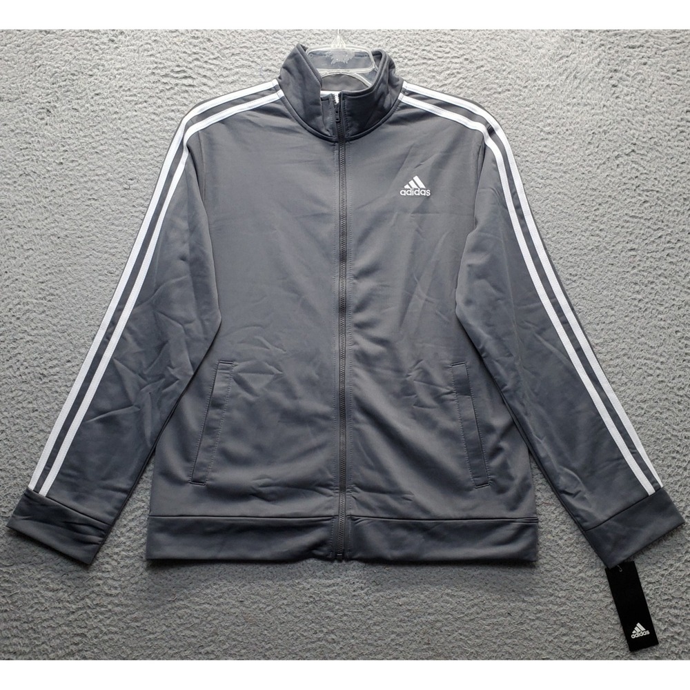 Adidas Athletic Track Jacket Youth 18/20 Gray Triple Stripe Mock Neck Full-Zip
